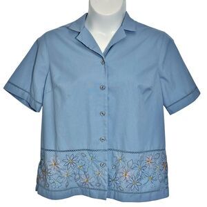 Alfred Dunner Button-Up Blouse Women's Sz 16W Blue Emb Floral Short Sleeve